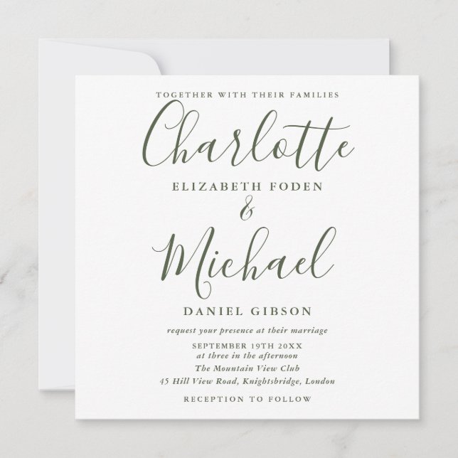Invitation OIive Green Signature Carré photo Mariage (Devant)