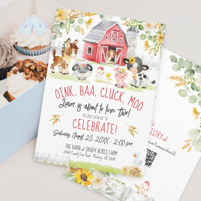 Invitation Oink Baa Moo Farm Barnyard Floral Boy 2e anniversa (Cute Watercolor Red Barn Farm Barnyard animals Sunflower floral oink baa moo 2nd boy birthday invite)