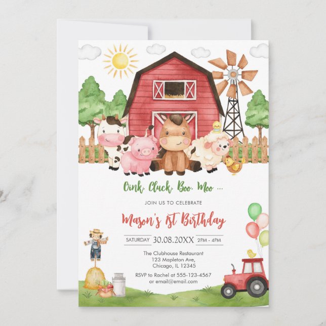 Invitation Oink Baa Quack Moo Farm Animals Birthday (Devant)