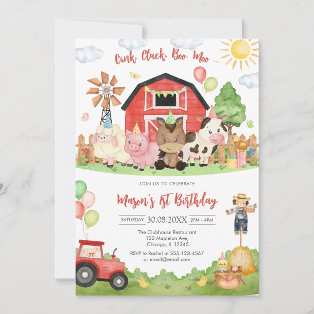 Invitation Oink Baa Quack Moo Farm Animals Birthday (Devant)