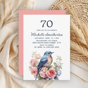 Invitation Oiseau Bleu Fleurs Roses 70e Anniversaire