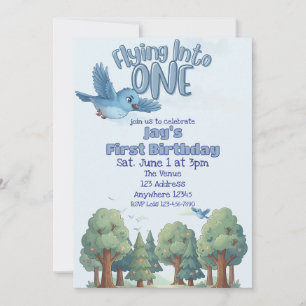 Invitation Oiseau Bleu Volant dans Un, 1er Anniversaire