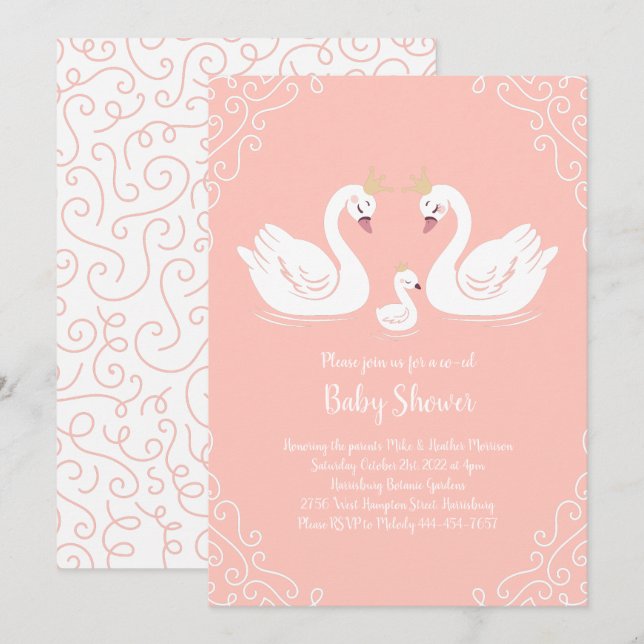 Invitation Oiseau de Baby shower de cygnes avec la coEd de la (Devant / Derrière)