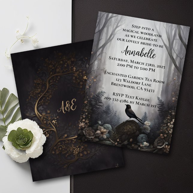 Invitation Oiseau de la Forêt Enchantée (An enchanted forest bird invitation in a dark and moody style. )