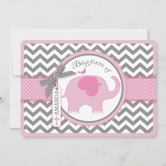 Invitation Oiseau d'éléphant rose et Chevron Imprimer le bapt (Devant)