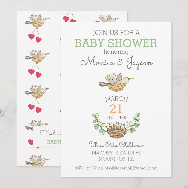 Invitation Oiseau mama le plus doux survolant le Baby shower  (Devant / Derrière)
