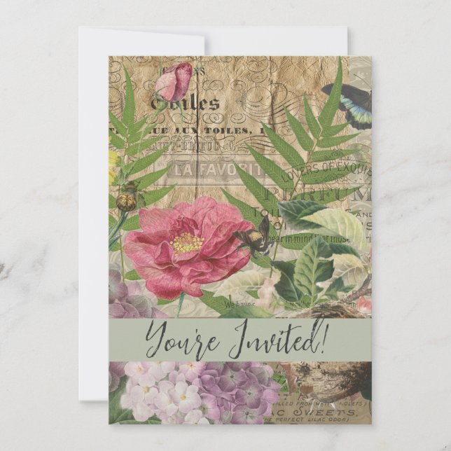 Invitation Oiseau Nid Floral Jardin Fleur Papillon Art (Devant)