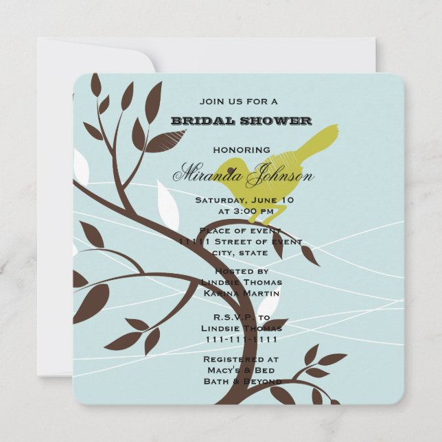Invitation Oiseau sur une Fête des mariées de branche (Devant)