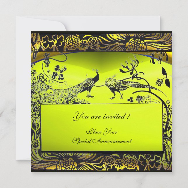 Invitation OISEAUX AMOUREUX DE MARIAGE, noir et blanc, jaune (Devant)