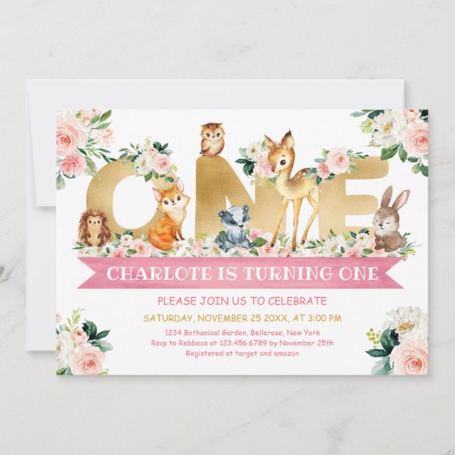 Invitation Oiseaux boisés or floral roux UN anniversaire (Devant)