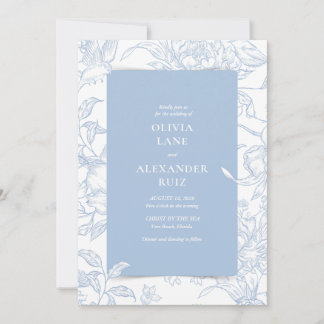 Invitation Oiseaux Botanique Français Bleu Floral Mariage