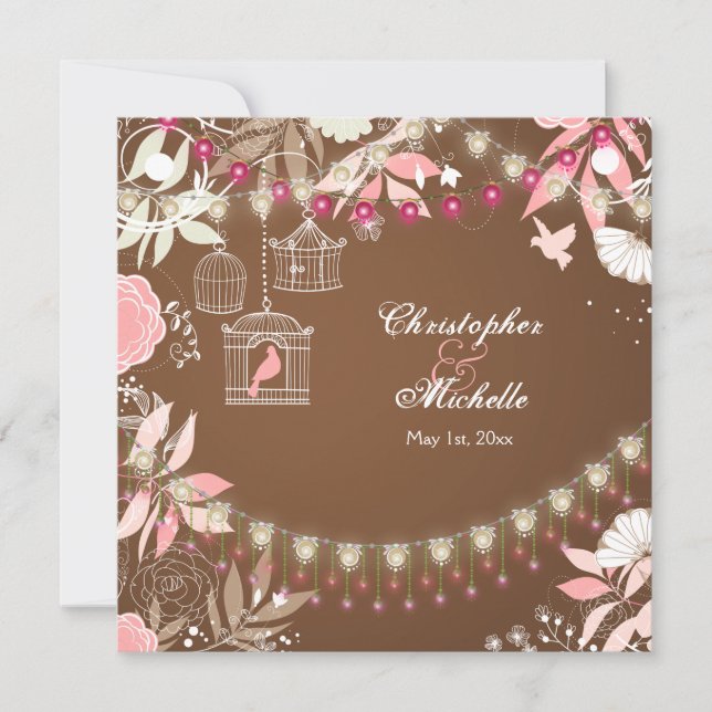 Invitation Oiseaux, Cages, Jardin Fleur Rose et Mariage Brown (Devant)