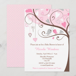 Invitation Oiseaux Coeurs Arbre Baby shower rose