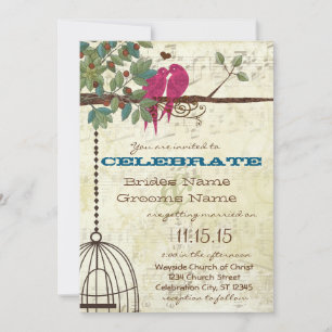Invitation Oiseaux de l'amour rose sarcelle perchés dans un a