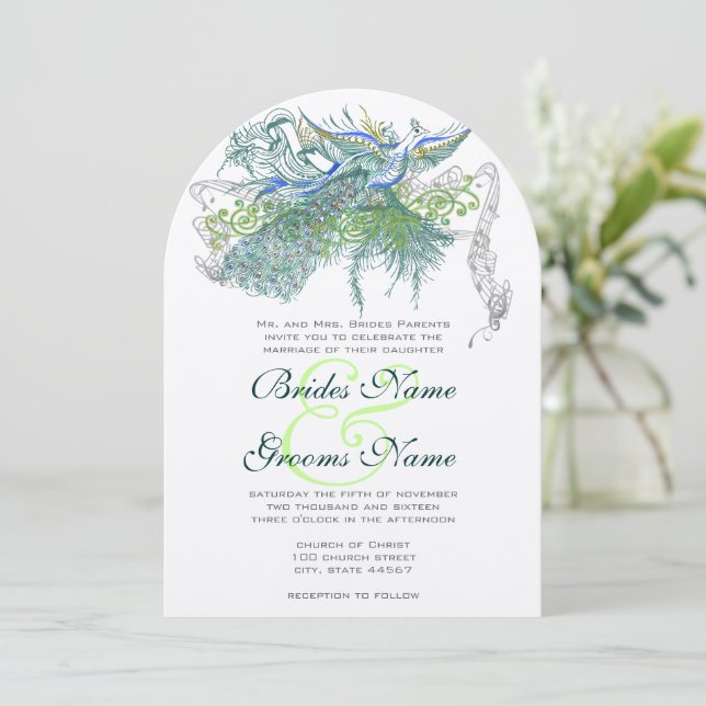 Invitation Oiseaux de l'amour vintage paon (Debout devant)