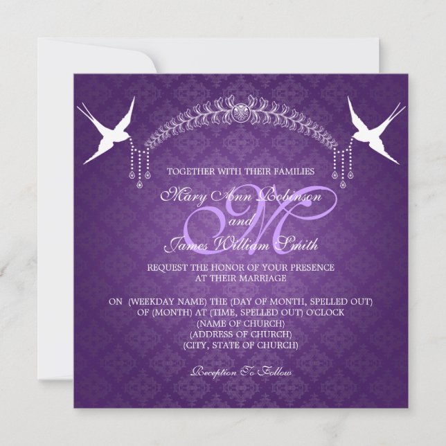 Invitation Oiseaux de mariage élégants Monogramme violet (Devant)