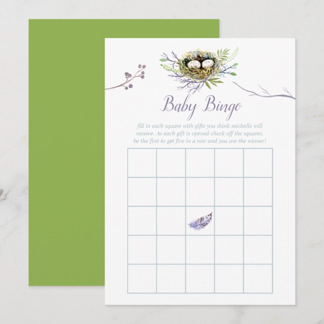 Invitation Oiseaux de verdure Nest Twins Baby shower Bingo (Devant / Derrière)