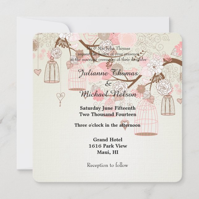 Invitation Oiseaux de Whimsical et cages d'oiseaux Mariage fl (Devant)