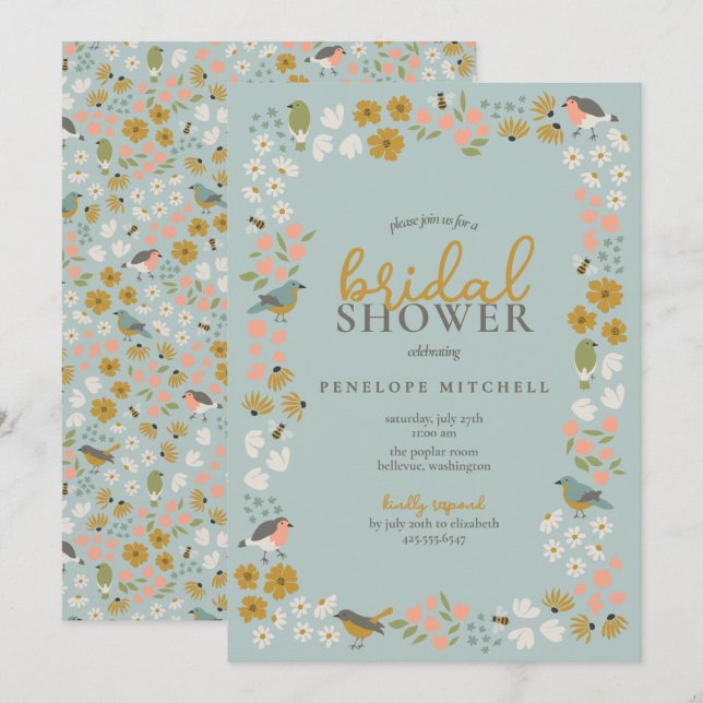 Invitation Oiseaux et abeilles Fête des mariées florale (Devant / Derrière)