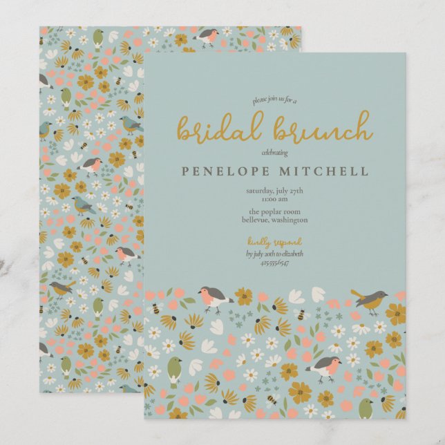 Invitation Oiseaux et abeilles Floral Bridal Brunch Douche (Devant / Derrière)