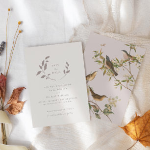 Invitation Oiseaux et feuilles roses beige enregistrer la d