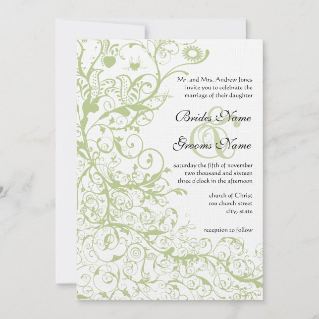 Invitation Oiseaux et tourbillons Hydrangée verte #28 Mariage (Devant)