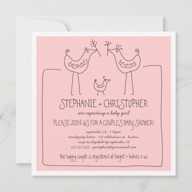 Invitation Oiseaux funky Famille moderne Couples Baby shower  (Devant)