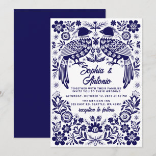 Invitation Oiseaux mexicains bleus Otomi Floral Fiesta Mariag