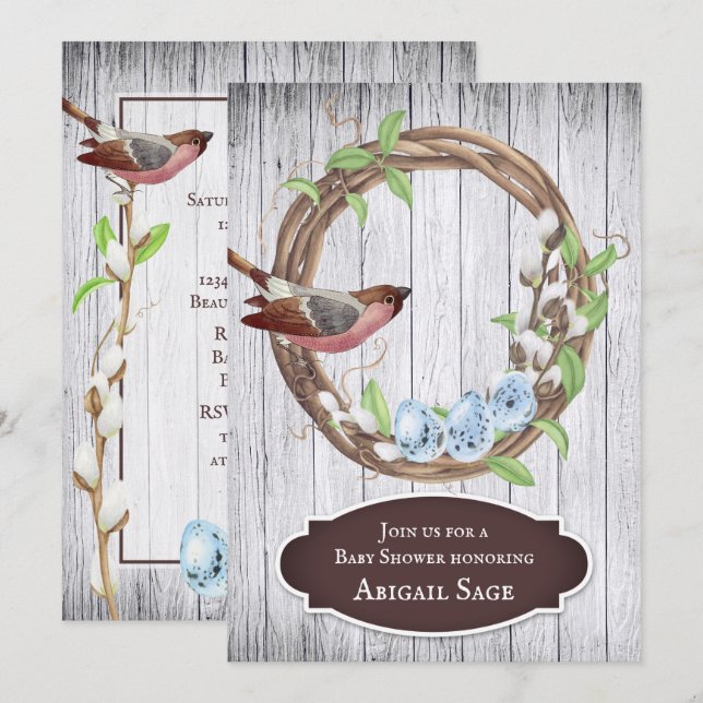 Invitation Oiseaux, oeufs et gerbes sur le Baby shower en boi (Devant / Derrière)