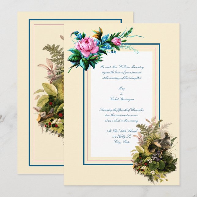 Invitation Oiseaux Victoriens De L'Ère En Nid Avec Fleurs Mar (Devant / Derrière)