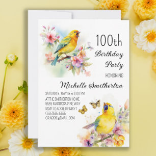 Invitation Oiseaux vintage Canaris Fleurs 100e Anniversaire
