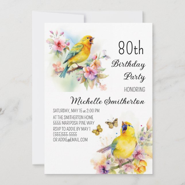 Invitation Oiseaux vintages Canaries Fleurs 80e anniversaire (Devant)