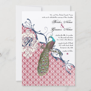 Invitation Oiseaux vintages Marine Profonde Framboise Mariage