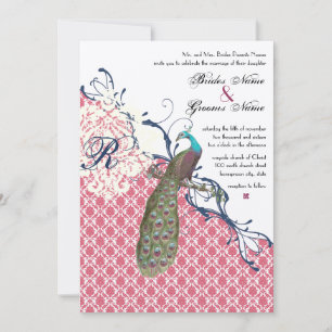 Invitation Oiseaux vintages Marine Profonde Framboise Mariage