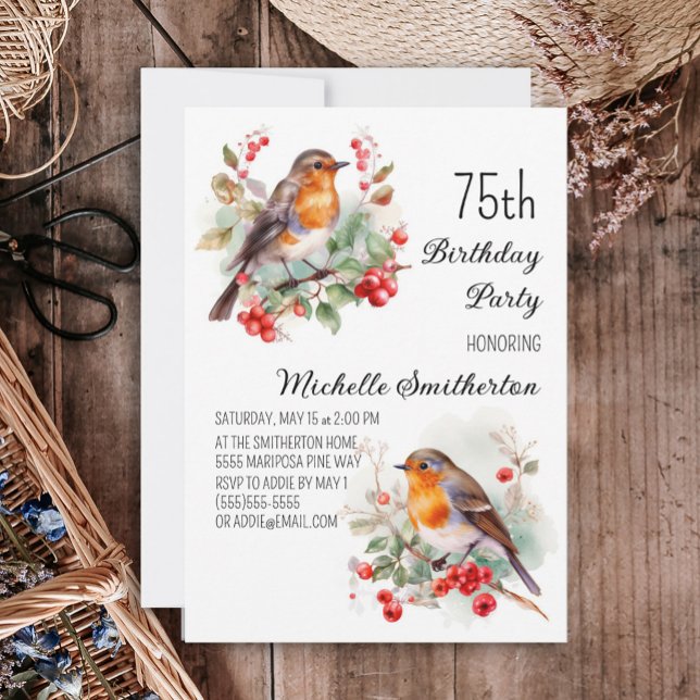 Invitation Oiseaux vintages Robin Redsein 75e anniversaire (Robin redbreast 75th birthday party invitation)