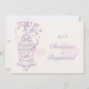 Invitation Oiseaux violets et roses ouvrent la réponse de mar