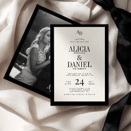 Invitation Old money classic ivory cream black photo wedding