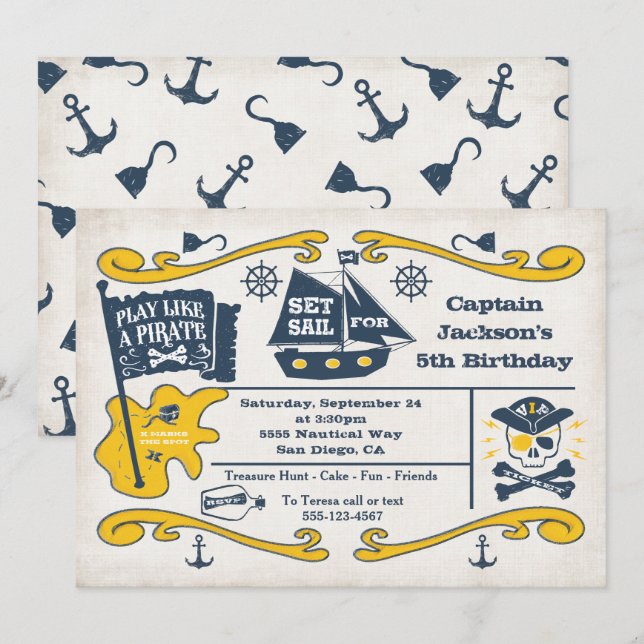 Invitation Old Pirate Ticket Nautique Anniversaire (Devant / Derrière)