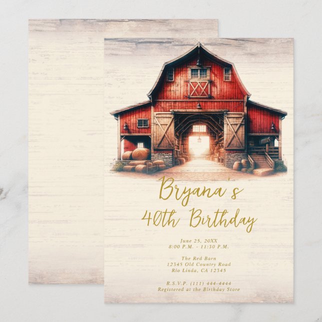 Invitation Old Red Barn Rustic Country Anniversaire (Devant / Derrière)