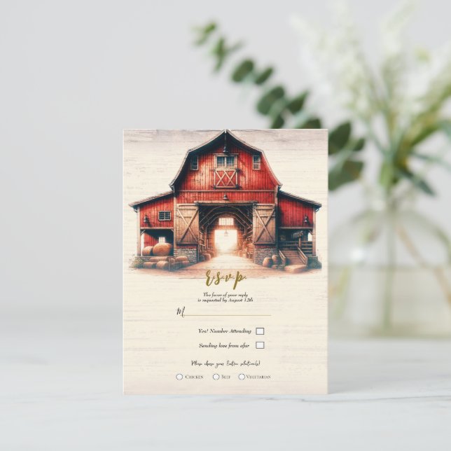 Invitation Old Red Barn Rustic Mariage campagnard R.S.V.P. (Debout devant)