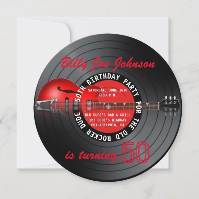 Invitation Old Rocker Dude Guitar Record 50e fête d'anniversa (Devant)