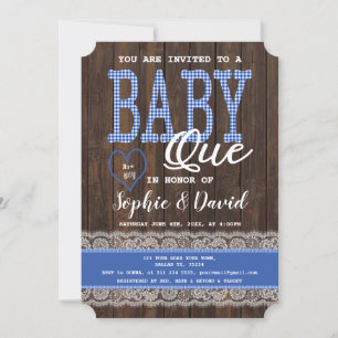 Invitation Old Wood Blue En vichy Baby shower garçon BBQ
