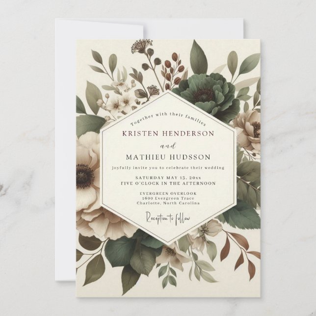 Invitation Olive Antique Floral Wedding (Devant)