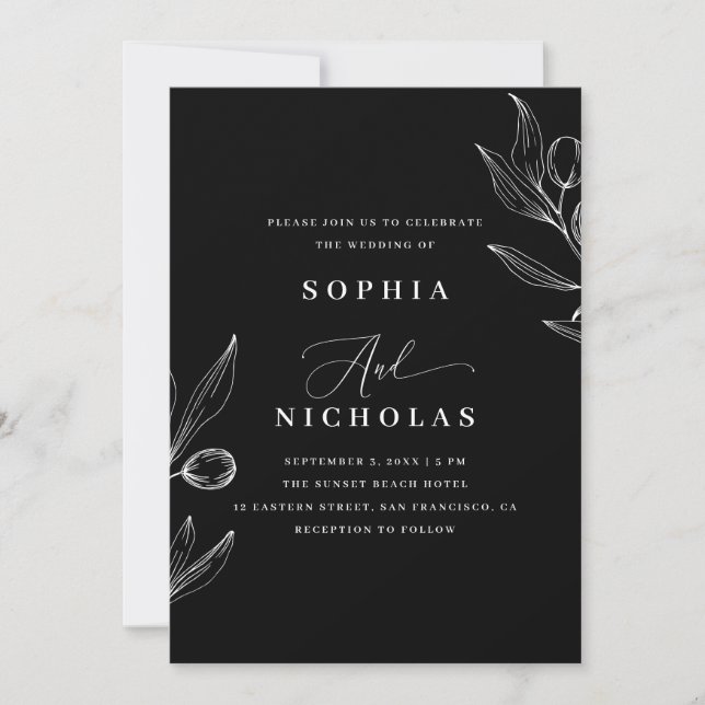 Invitation Olive Botanical Black Mariage - Photo & QR Code (Devant)