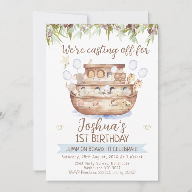 Invitation Olive Branch Noah's Ark Boys 1er anniversaire (Devant)
