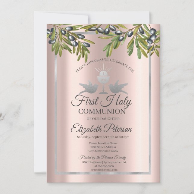 Invitation Olive Branche Rose Gold Première Communion sainte (Devant)