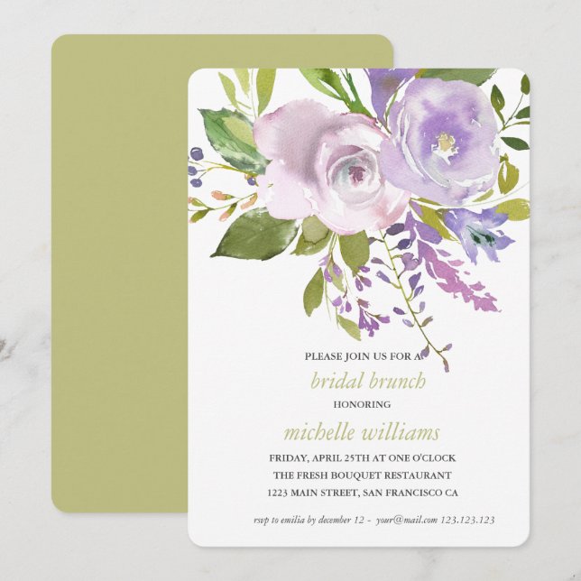 Invitation Olive | Chic Lavender Floral Mariage Bridal Brunch (Devant / Derrière)