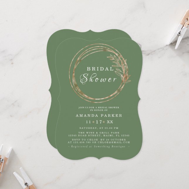 Invitation Olive Golden Branche moderne Douche nuptialeInvita (Devant/Arrière en situation)