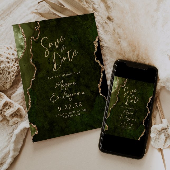 Invitation Olive Green Agate Script Mariage Save the Date (Créateur téléchargé)