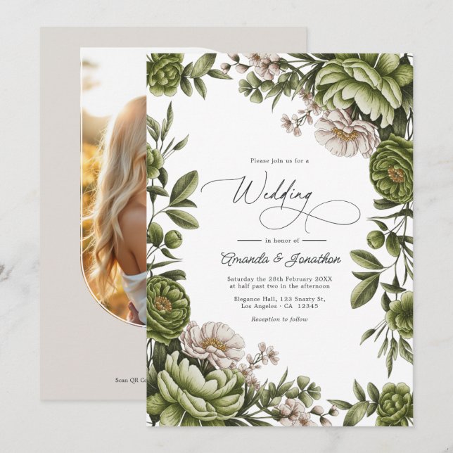 Invitation Olive Green and Neutral Floral Wedding QR Code (Devant / Derrière)